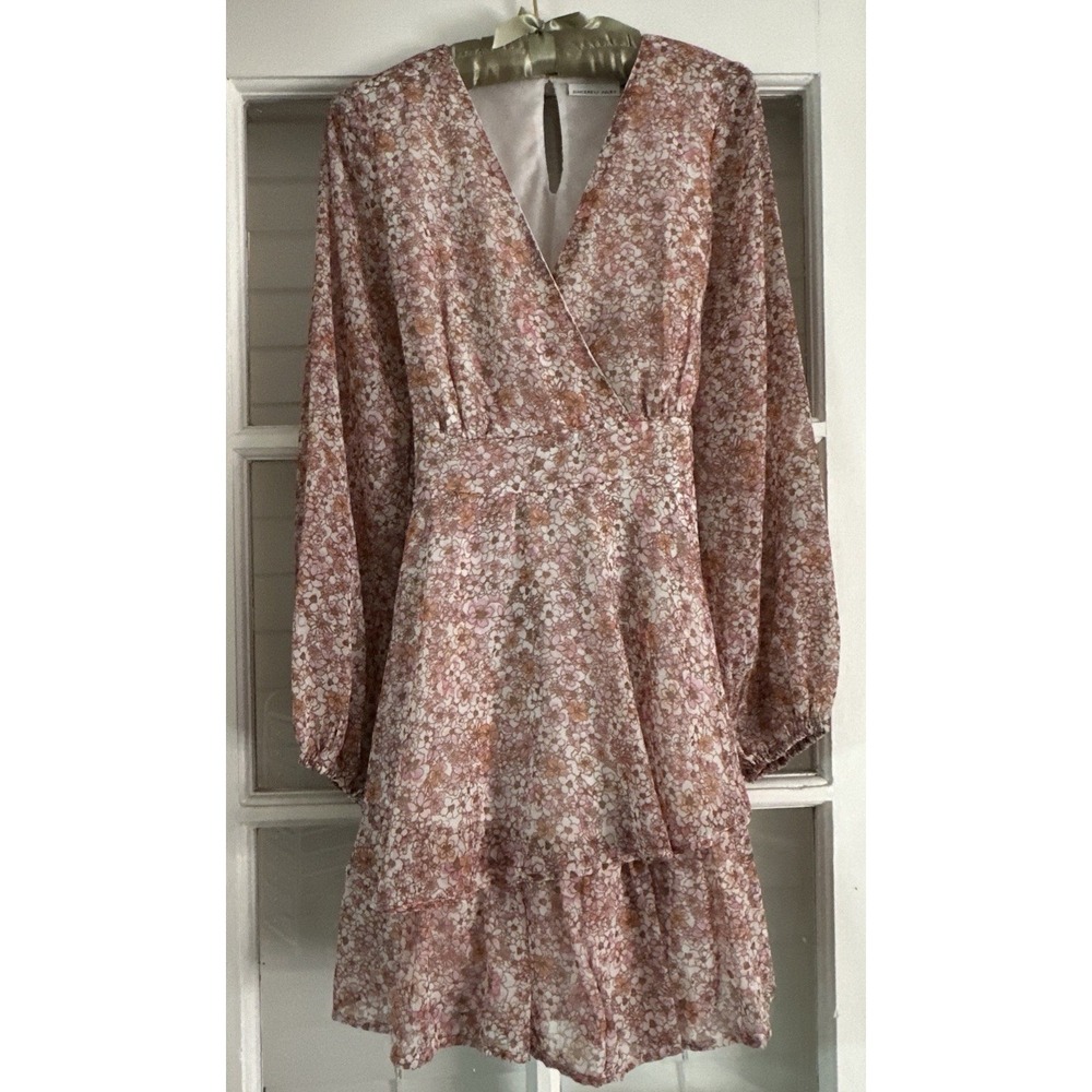Sincerely Jules Pink Floral Wrap Ruffle Long Sleeve Lined Dress Cottage Romantic